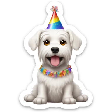 White male small dog wearing birthday hat with a cake  sticker