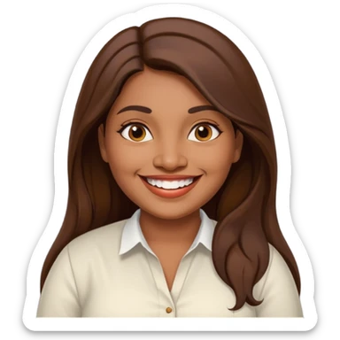 40 yr old chubby Sri Lankan woman, dark skin, straight brown hair, big smile, white teeth, european clothes, longer hair sticker