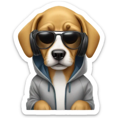 Dog wearing a hoodie with headphones and sunglasses sticker