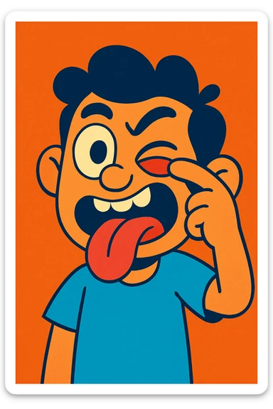 cartoonish character making a silly face with one eye wide, the other eyelid pulled down, tongue sticking out, vibrant toon style sticker
