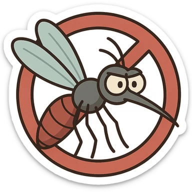 clean simple cartoon-style mosquito with a red prohibition sign circle with diagonal line over it, easy to recognize, suitable for icons or stickers sticker