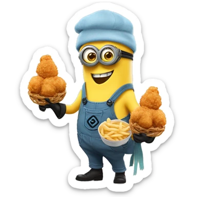 minion holding fried chicken smiling happy holding silly string can sticker