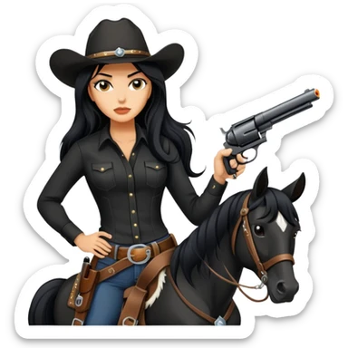 confident hot tanned woman with long black hair cowgirl style wearing black outfit with gun and horse sticker