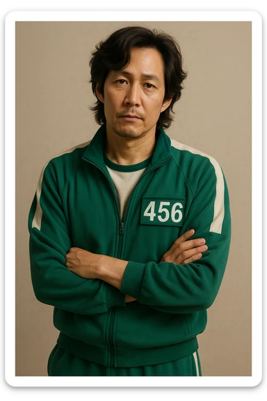Player 456, Seong Gi-hun from Squid Game 3, in green team dress, casual pose, simple background sticker