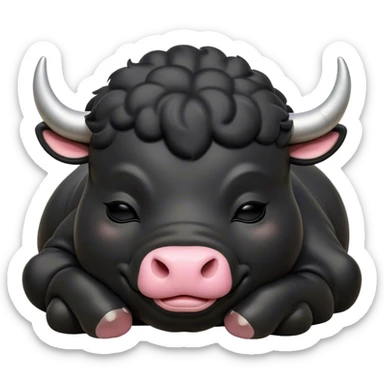 Meme-Worthy Cute Sleeping Black Bull Portrait Emoji, Head resting peacefully with a contented smile, showcasing a robust, massive build and a luxuriously soft pure black hide, eyes shut in a serene, restful nap, Simplified yet hilariously adorable features, highly detailed, glowing with a soft, drowsy light, high shine, relaxed and utterly lovable, stylized with an air of playful laziness, bright and heartwarming, soft glowing outline, capturing the essence of a comically sleepy guardian, so meme-worthy it feels like it could instantly become the next viral sensation of adorable slumber! sticker
