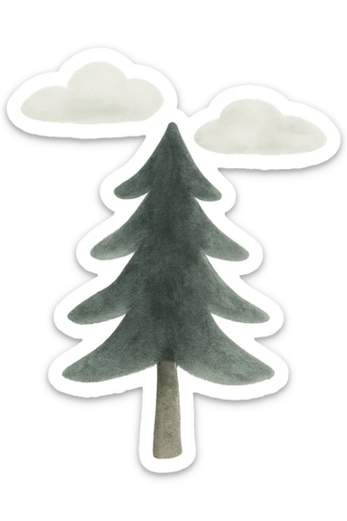 illustration of a simple single evergreen tree with clouds in folk art style, dark neutral forest color tones, watercolor texture with outlines, suitable for favicon sticker