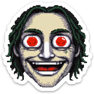 A pixelated face with droopy eyelids, bloodshot eyes, and a blissful smile - looking high and stoned sticker