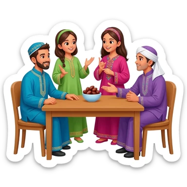 happy family islamic clothing sitting on table talking sticker