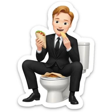 happy conan obrien in a black suit eating a burrito while sitting on a toilet sticker