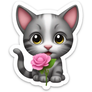 Cute kitten holding a pink flower sticker
