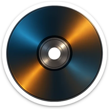 Edit the CD disk to have blue and orange colors in a realistic style. Keep the shine and reflections intact. Remove the background to transparent. The style should be realistic with detailed reflections and shine on the disk surface. sticker