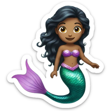 a mermaid with brown skin, black hair, and a colourful tail. sticker