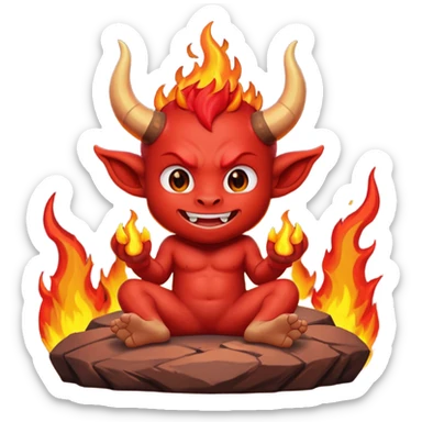 a Red devil, short horn Chibi red demon sitting on fire rock sticker