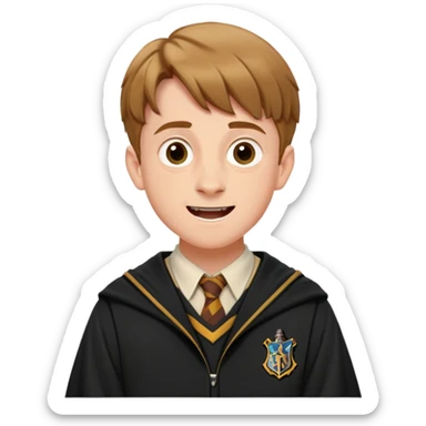Hugh Mitchell is Colin Creevey in harry potter, wear hogwarts uniform,  Short light brown hair, small and skinny, wide mouth, with a perpetual look of excitement on his face. sticker