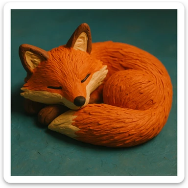 fox curled up sleeping, soft lighting, vibrant colors, detailed fur, claymation style sticker