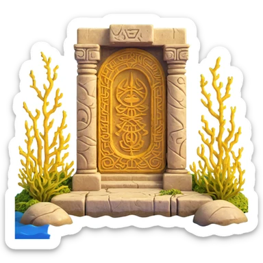 ancient Anunnaki golden underwater base, weathered stone, overgrown with seaweed, mysterious carvings sticker