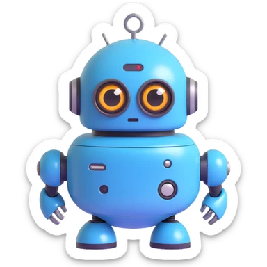 Friendly robot with big expressive eyes — round head, glossy finish, slightly clumsy but charming (think Wall-E meets Baymax). sticker