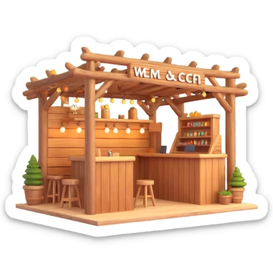 3D festival booth, rustic wooden design, natural elements, cozy and inviting, warm lighting sticker