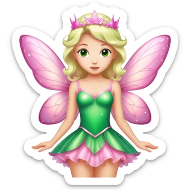 pink fairy in green dress sparkle sticker