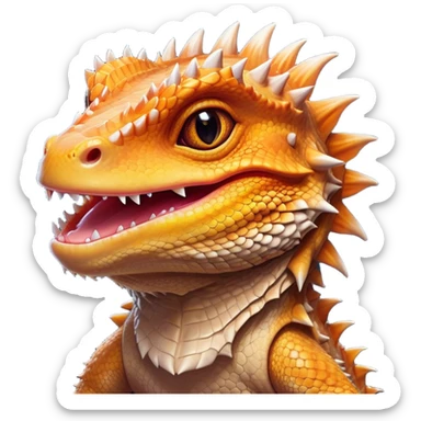 Cinematic Comical Bearded Dragon Portrait Emoji, Head tilted dramatically with an exaggeratedly amused expression, featuring a striking, glossy scaled hide with a quirky, spiky beard and wide, expressive eyes full of playful disbelief, Simplified yet hilariously expressive features, highly detailed, glowing with a slightly sassy glow, high shine, dramatic yet playful, stylized with an air of cheeky mischief, bright and endearing, soft glowing outline, capturing the essence of a spirited and over‐the‐top dragon, so meme‐worthy it feels like it could snap its jaws into internet fame instantly! sticker