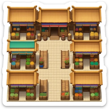 "Top-down 2D pixel-art Persian Zand Dynasty market stalls, 100% orthogonal view (like Stardew Valley), featuring:  - **Flat, fully visible roofs** with symmetrical wooden beams.  - **Front-facing shop counters** (visible from top, no perspective tilt).  - **Seamless edges**: Left/right sides must tile perfectly (use repeating patterns like brick or fabric awnings).  - **Variations**: Some stalls with open cloth shades, others with piled pottery/rugs (center-only randomness).  - **Colors**: Turquoise door frames, terracotta walls, gold accents.  - **Grid**: 32x32 pixels, game-ready." sticker