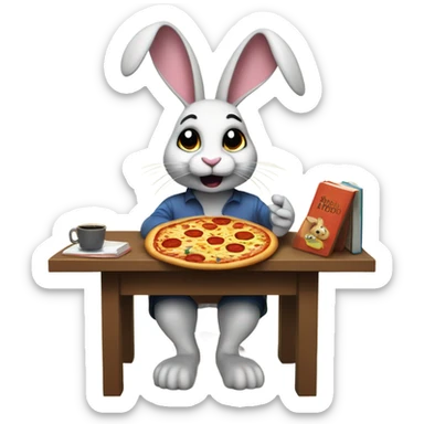A rabbit eating a pizza reading a book and listening to techno music sticker