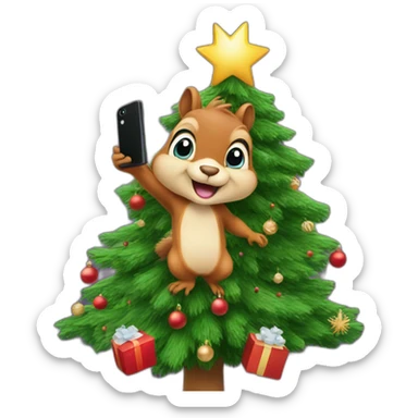 a squirrel on a Christmas tree takes a selfie sticker