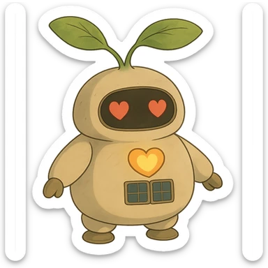 A chubby, round robot seedling with soft, plush-like forms. Its body resembles a young sprout with smooth lines. The robot has large round sensor-displays for eyes that change expression (❤️ for good harvest, ⚠️ for problems). It has two movable leaf-antennas on its head that move when working. On its chest is a stylized heart with solar panels that glows softly when charging. It has short, slightly clumsy arms and legs like a baby robot, with suckers or tiny wheels on its feet to "roll" around the greenhouse. sticker