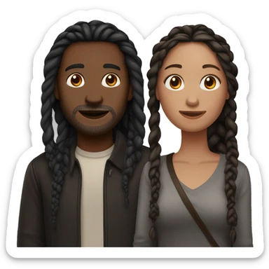 Woman and man couple, in their 40's, woman is medium dark black complexion, her hair is long black twisted braids, man is fair skinned white male with reddish hair that's medium length sticker