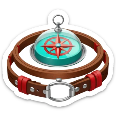 Round glass dome with turquoise-green liquid inside, red compass needle floating in center, brown wooden wrist band with metal clasps, anime cartoon style with clean line art sticker