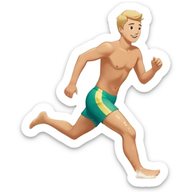 A white man running into the ocean, embracing the waves and the moment. The sun shines warmly, and the water sparkles, symbolizing the joy of creating fun and appreciating life’s simple moments. Their footprints in the sand fade as they fully immerse themselves in the present. sticker