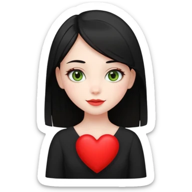 Pale girl with straight black hair and olive green eyes soft smile wearing black dress and holding a heart sticker
