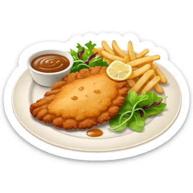Chicken, schnitzel, salad, chips and gravy on a plate sticker
