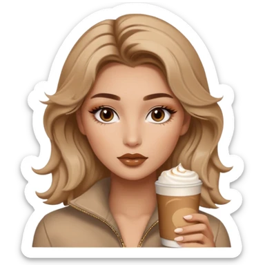 “A cozy, warm-toned emoji girl with soft bronzy eyeshadow, fluffy brows, caramel shimmer, glossy nude lips, light contour, and tousled hair — latte-inspired look.” like belle hadid sticker