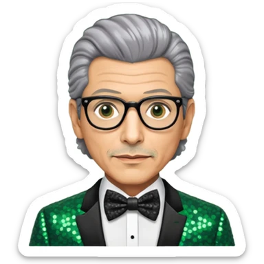 Jeff Goldblum with gray hair, dark green sequin suit with bow tie sticker