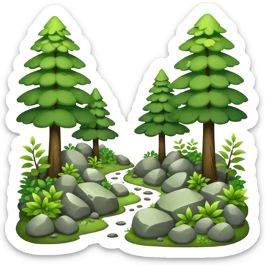 A bright forest clearing with layered bushes and scattered rocks. sticker