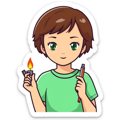 Girl with short brown hair and green eyes in love with a lighter  sticker