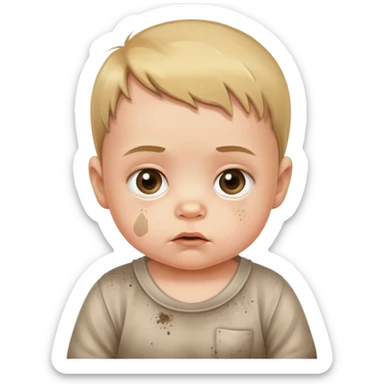 baby with suspicious expression and dirt smudges on cheeks sticker