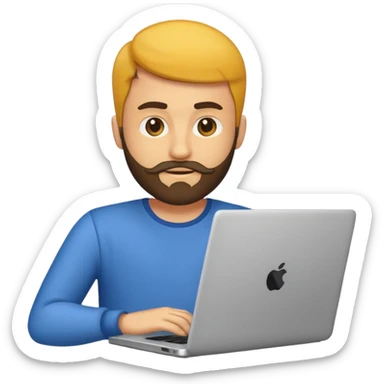 Emoji de un hombre joven con barba corta usando una laptop, estilo emoji moderno y minimalista, colores planos, líneas limpias, expresión amigable, fondo transparente. sticker