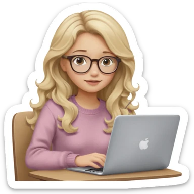 blonde girl with long dark blonde wavy hair, pantos-style glasses, a brown sweater, sitting and looking in laptop, soft pastel, upper body shot sticker