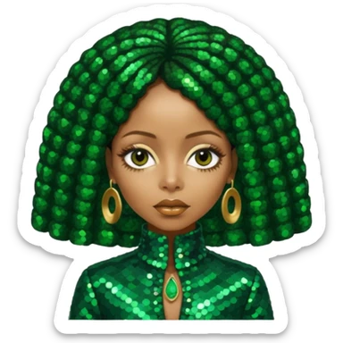 Erykah Badu with dark brown hair, dark green sequin outfit sticker