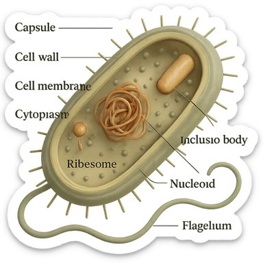 Make the bacteria more 3D with visible internal organelles. Keep subdued and natural colors and remove the background. Style: GPT Image. sticker