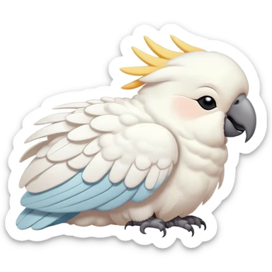 Meme-Worthy Cute Sleeping Cockatoo Portrait Emoji, Head resting peacefully with a contented smile, showcasing a softly feathered body with a gently drooping crest and eyes closed in serene slumber, Simplified yet adorably endearing features, highly detailed, glowing with a soft, drowsy tropical light, high shine, relaxed and utterly lovable, stylized with an air of playful laziness, soft glowing outline, capturing the essence of a sleeping cockatoo that feels destined to become the next viral icon of adorable rest! sticker
