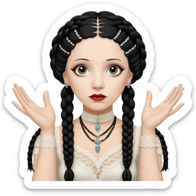 Lene Lovich as seen on the Stateless album cover with a typical symmetrical pose with her hands, lots of lace and braided hair sticker