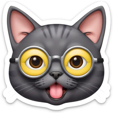 Completely dark Gray Cat that has tongue all the way out out wearing minion glasses with body  sticker