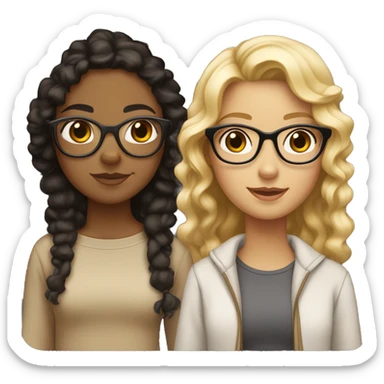 Two Girls both tan but but one with black straight hair and lighter tan and one girls with clear glasses curly brown hair with two blonde pieces in the front with a little darker tan sticker