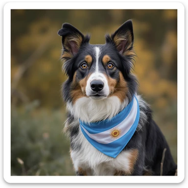 Border Collie dog with subtle Argentinian flag collar, photorealistic, standing, alert posture sticker