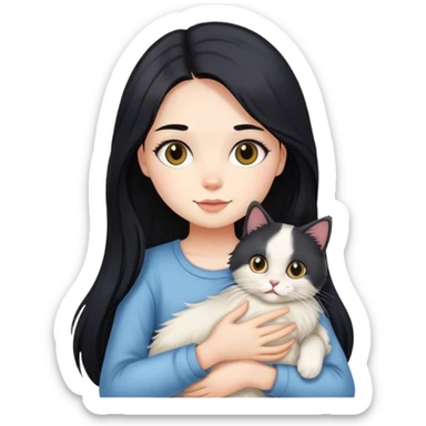 A girl with long black hair holding a cute Ragdoll cat sticker