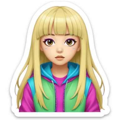  portrait-of-a-alien-k-pop-idol,-wearing-a-stylish-streetwear-outfit-with-layered-colorful-clothing,-long-hair-with-bangs,-makeup,- sticker