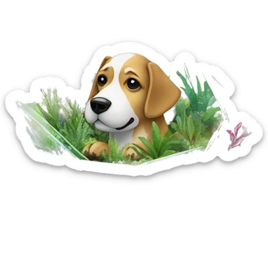 A dog made of glass mirror crystals prisms glass transparent filled with plants as a terrarium with graffiti doodles sticker